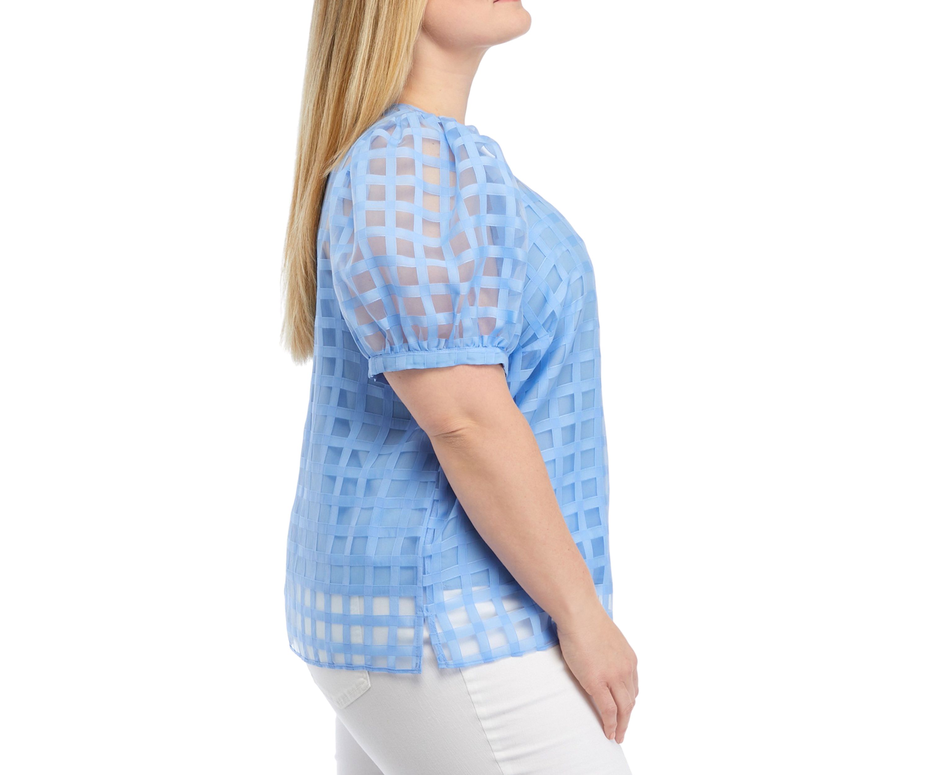 Plus Size Blue Sheer Plaid Puff Sleeve Top