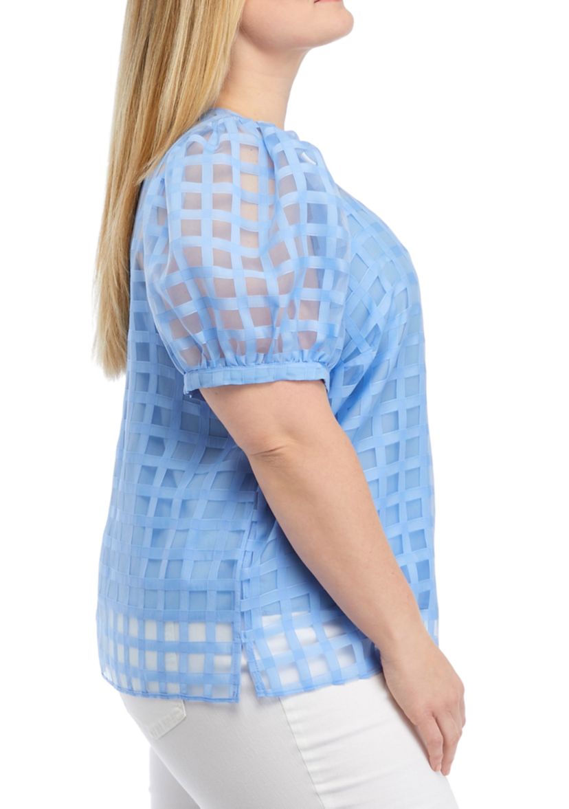 Plus Size Blue Sheer Plaid Puff Sleeve Top