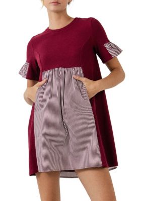 ENGLISH FACTORY Women's Knit Stripe Woven Mixed Dress, Burgundy, Medium