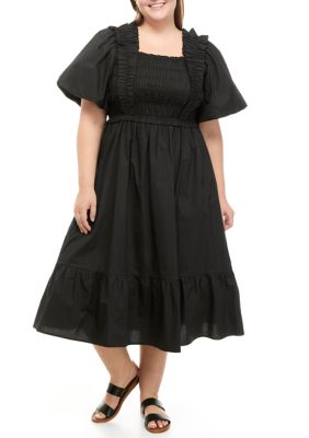 English Factory Women's Plus Size Short Puff Sleeve Square Neck Midi Dress