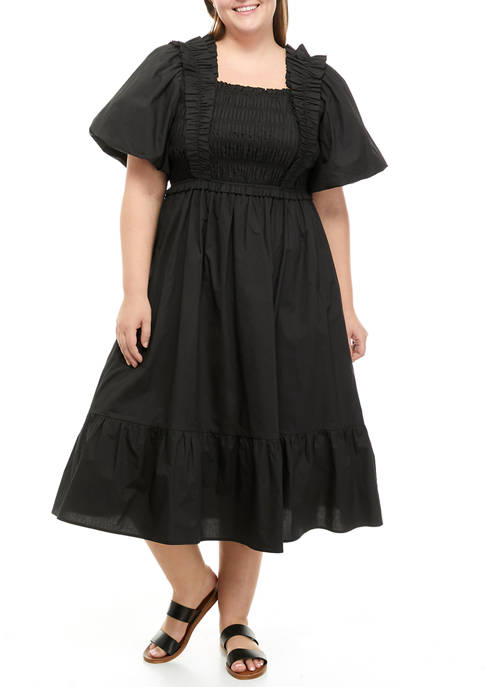Plus Size Short Puff Sleeve Square Neck Midi Dress 
