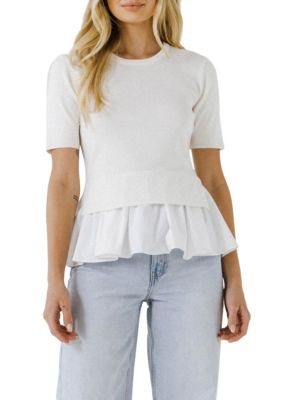 ENGLISH FACTORY Women's Mix Media Sweater, White, Small