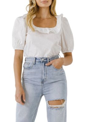 ENGLISH FACTORY Women's U-neckline Top, White, Large