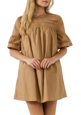 ENGLISH FACTORY Women's Lace Detail Mini Dress, Tan, XS
