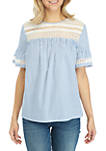 Short Sleeve Stripe Lace Inset Top