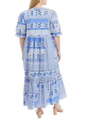 Plus Geometric Print Tiered Midi Dress