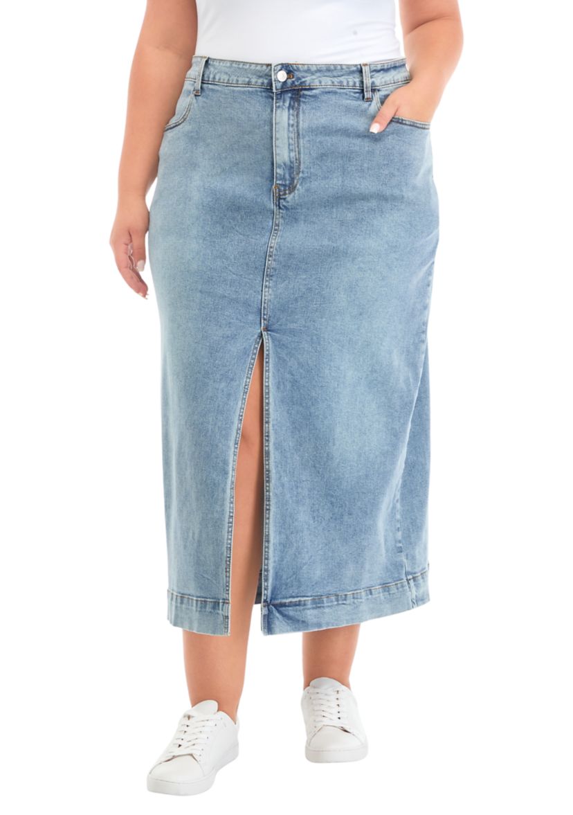 Plus Size High Waist Long Denim Skirt