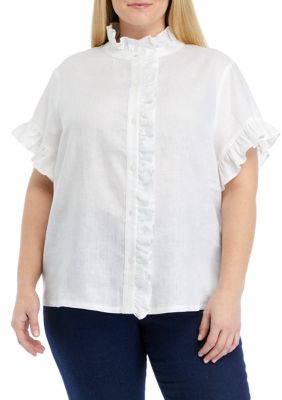 ENGLISH FACTORY Women's Plus Size Linen Ruffle Shirt