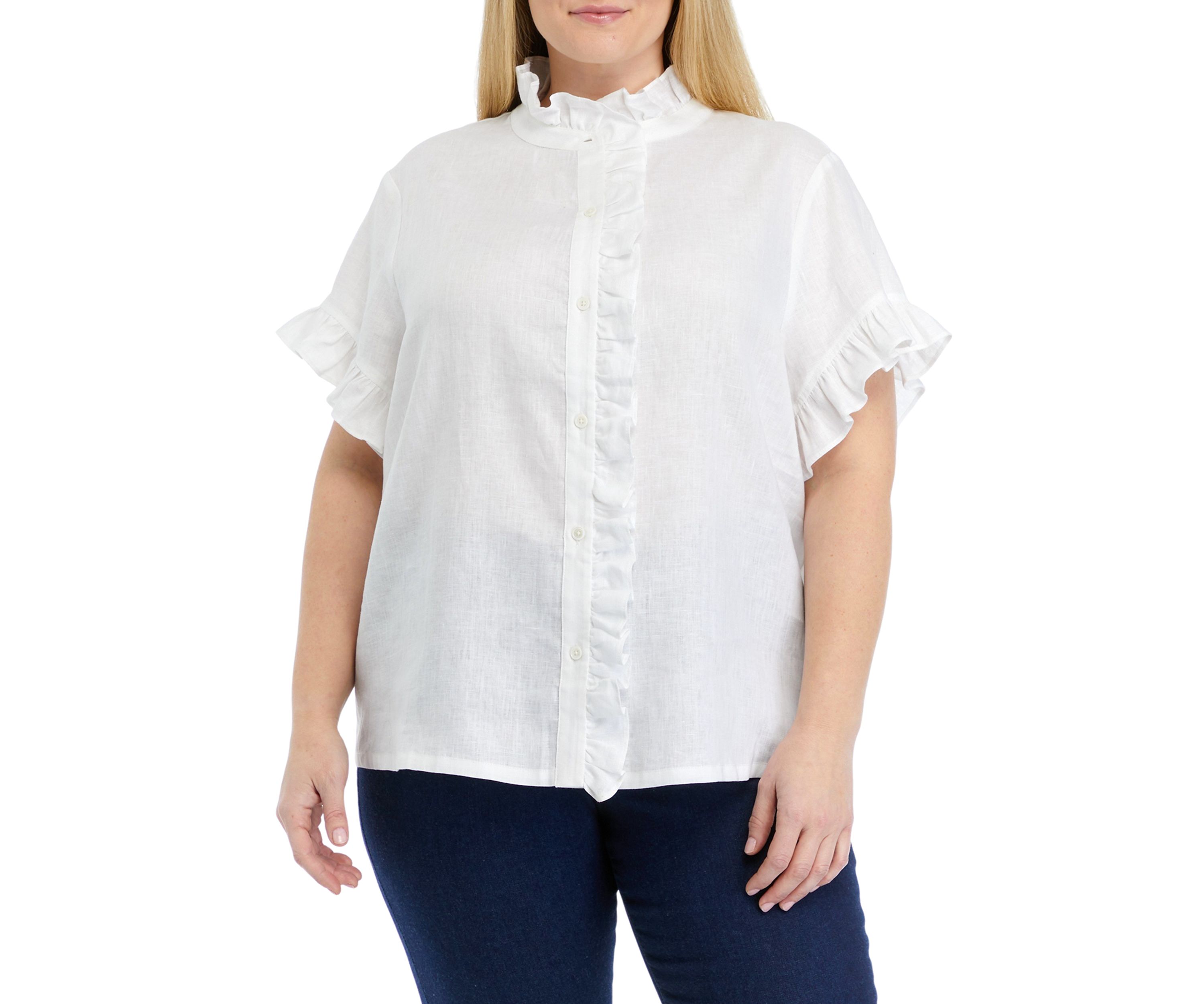 Plus Size Linen Ruffle Shirt