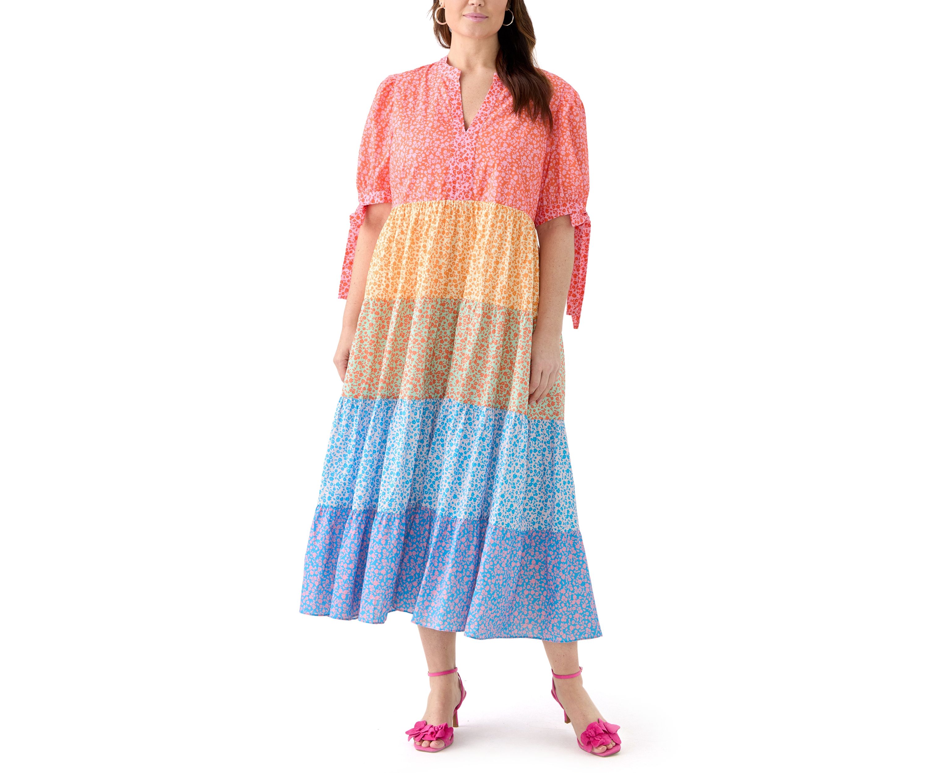 Plus Size Color Block Printed Midi Dress