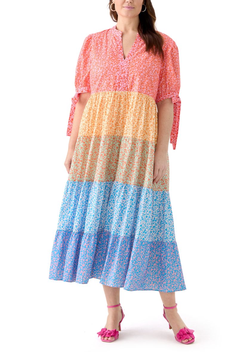 Plus Size Color Block Printed Midi Dress