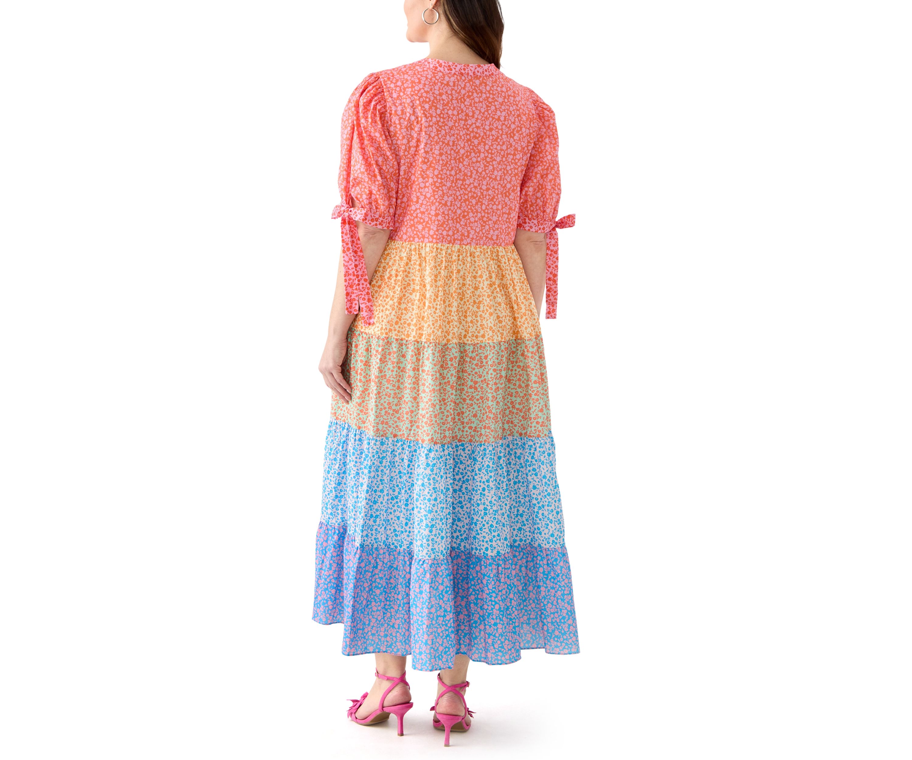 Plus Size Color Block Printed Midi Dress
