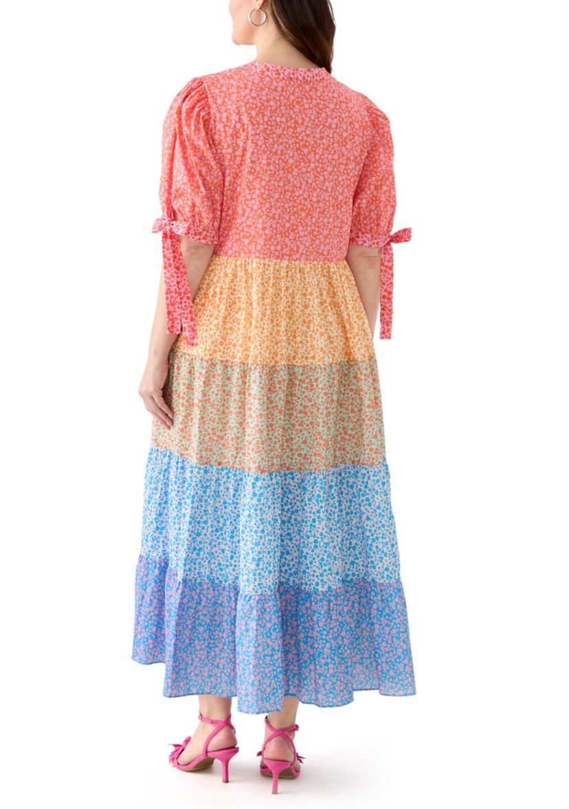 Plus Size Color Block Printed Midi Dress