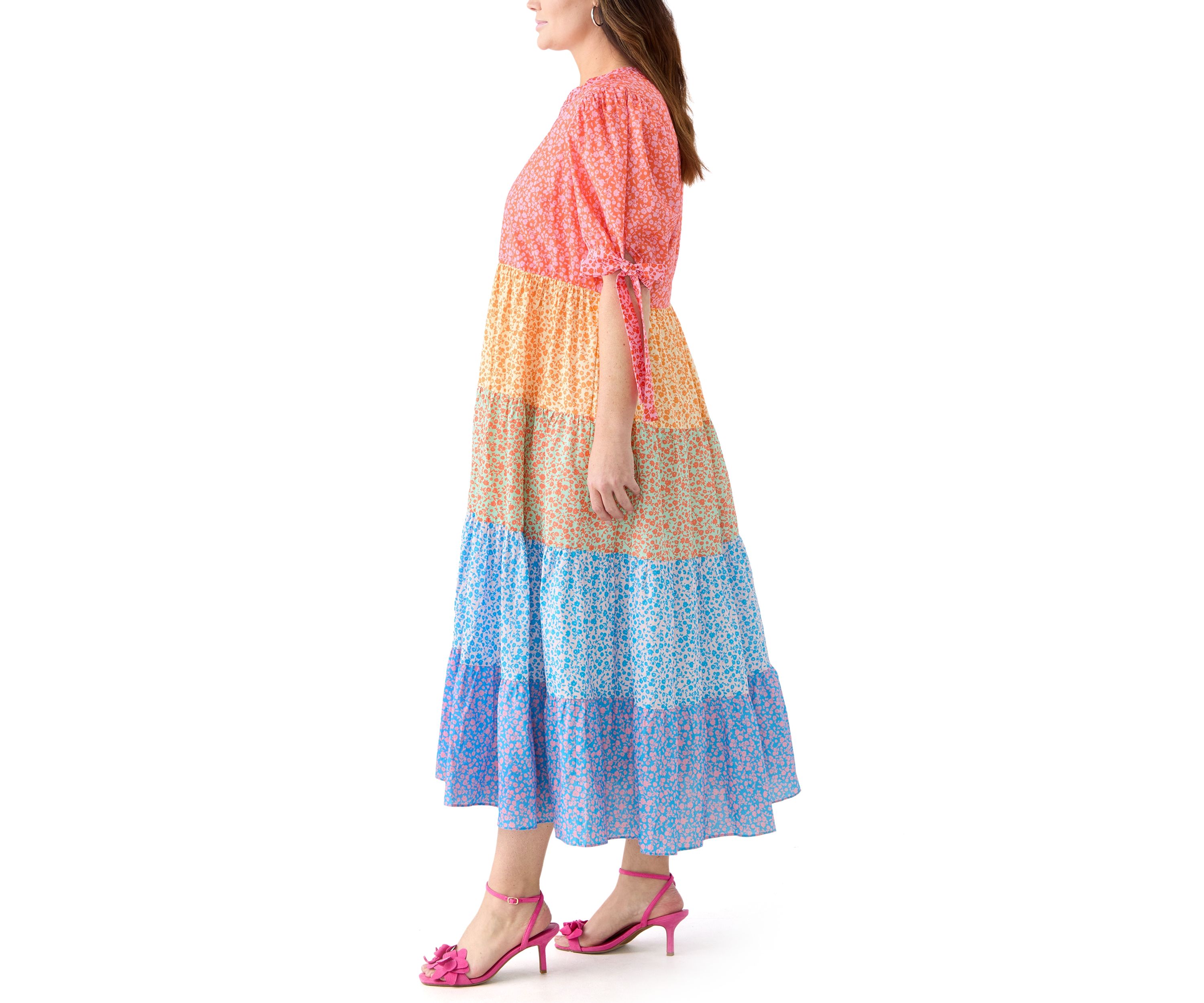 Plus Size Color Block Printed Midi Dress