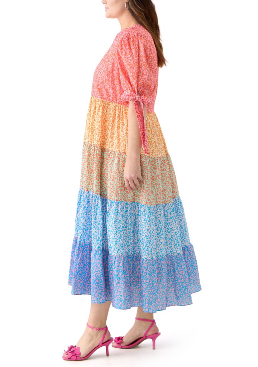 Plus Size Color Block Printed Midi Dress