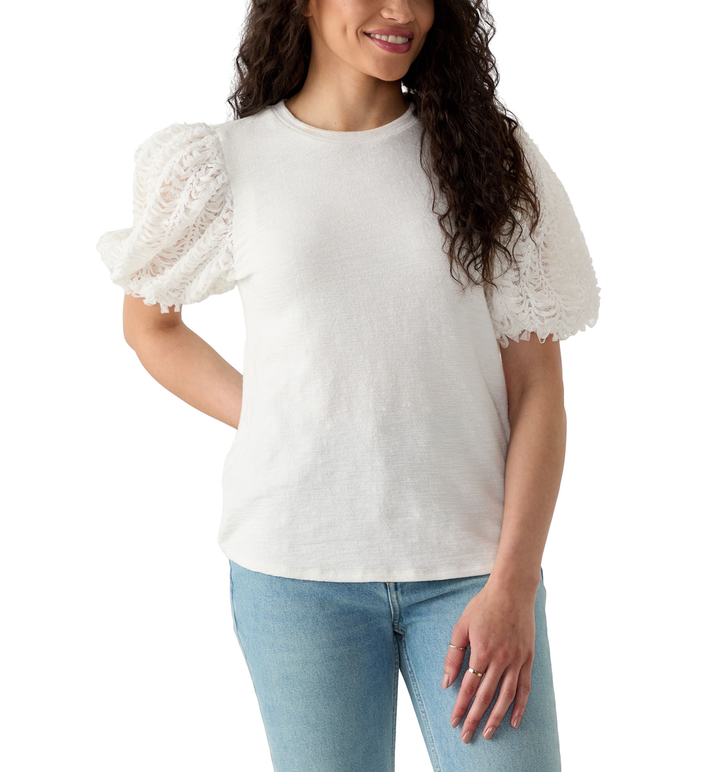 Womens Embellished Mixed Media Top