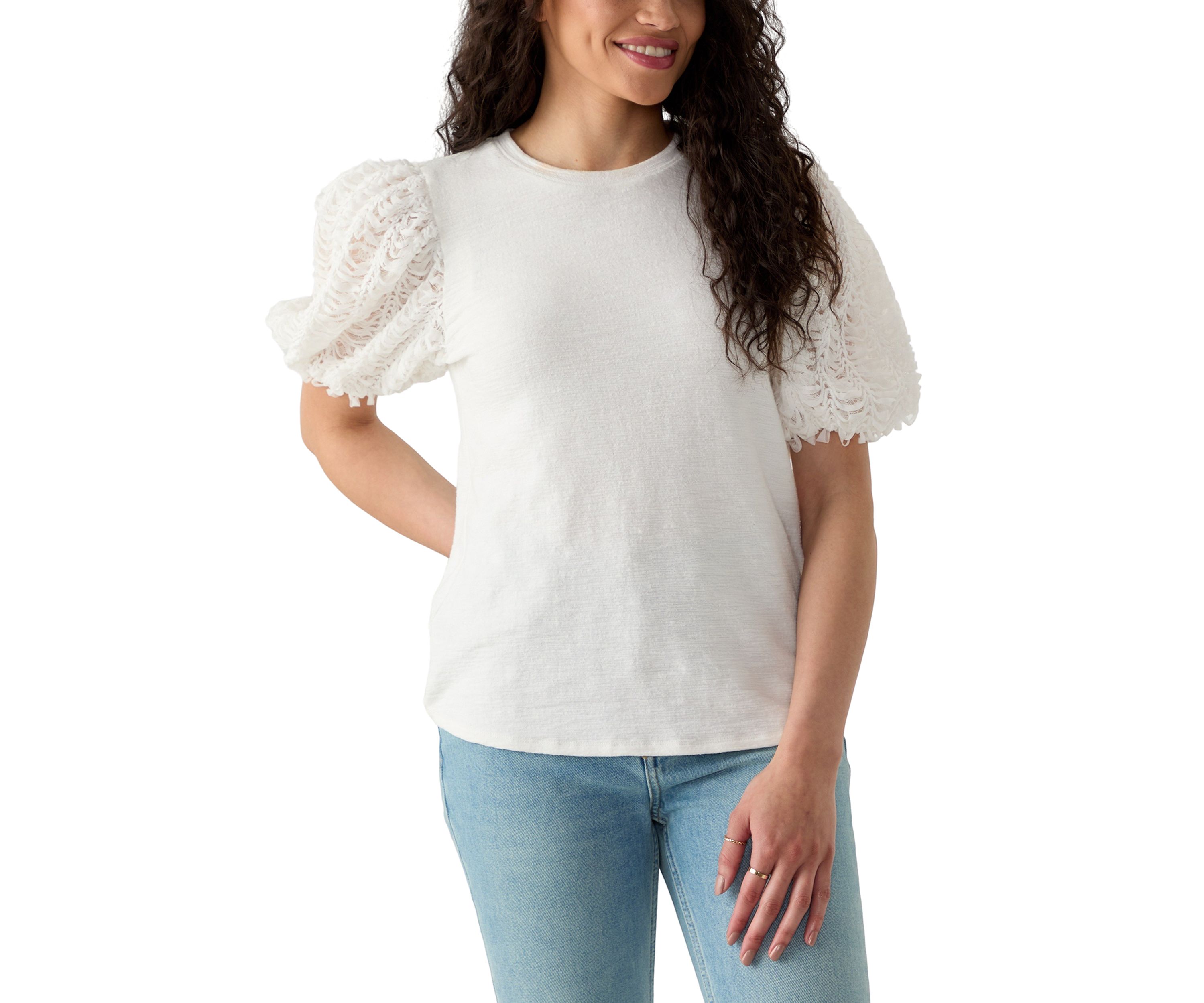 Womens Embellished Mixed Media Top