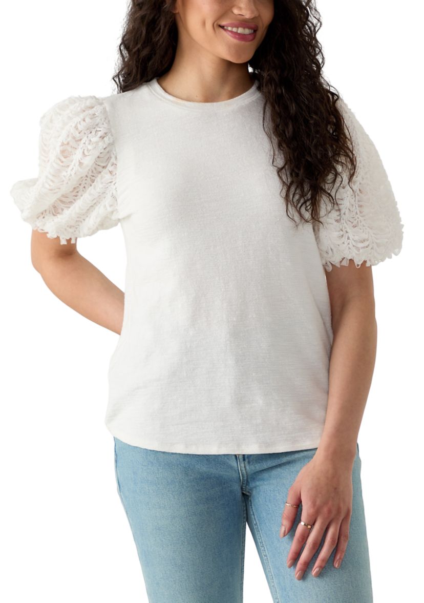 Womens Embellished Mixed Media Top