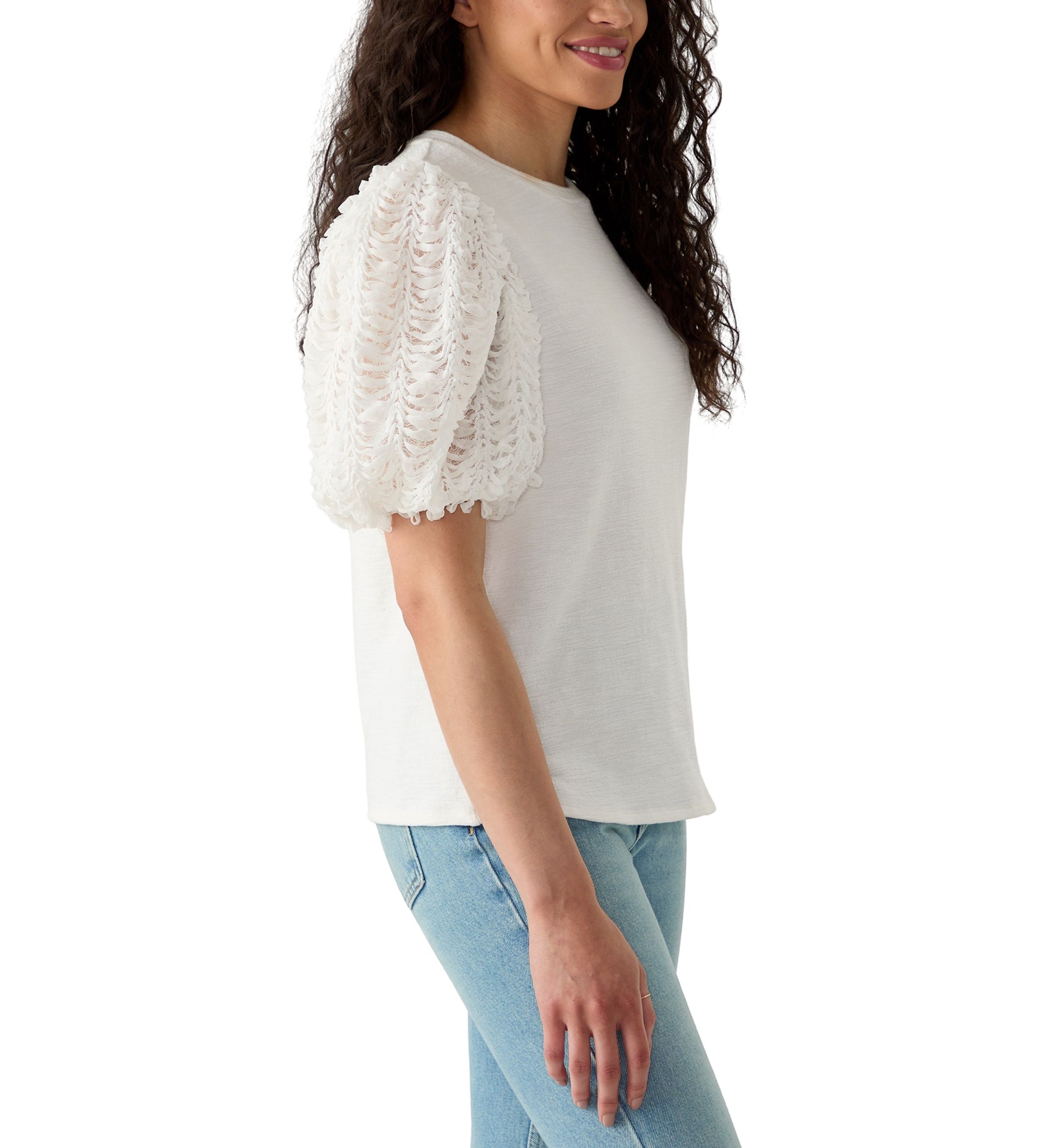 Womens Embellished Mixed Media Top
