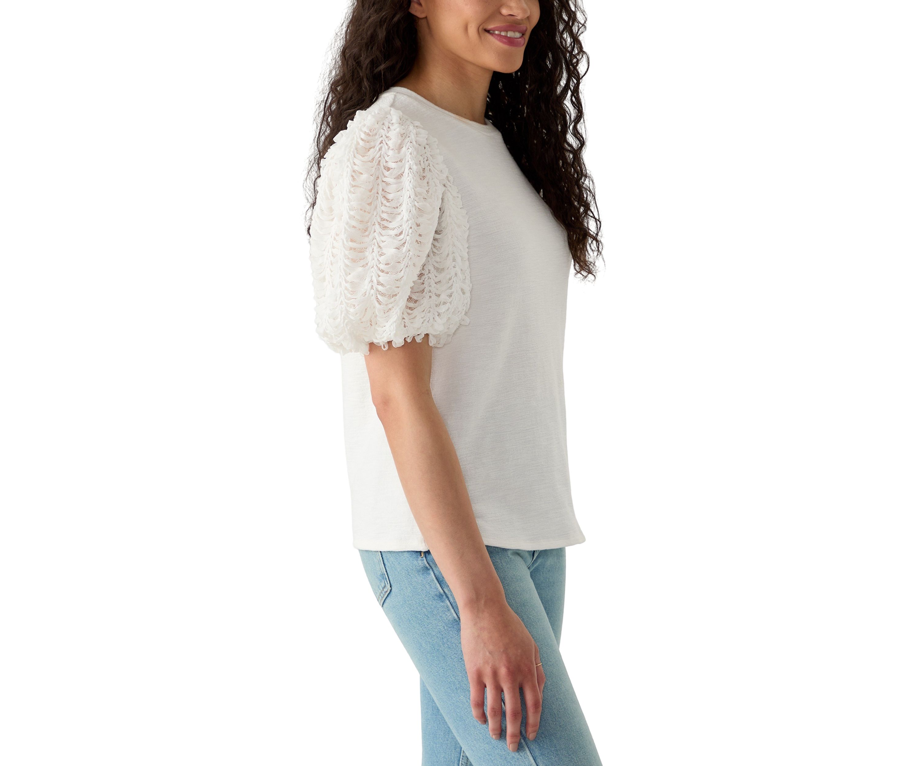 Womens Embellished Mixed Media Top