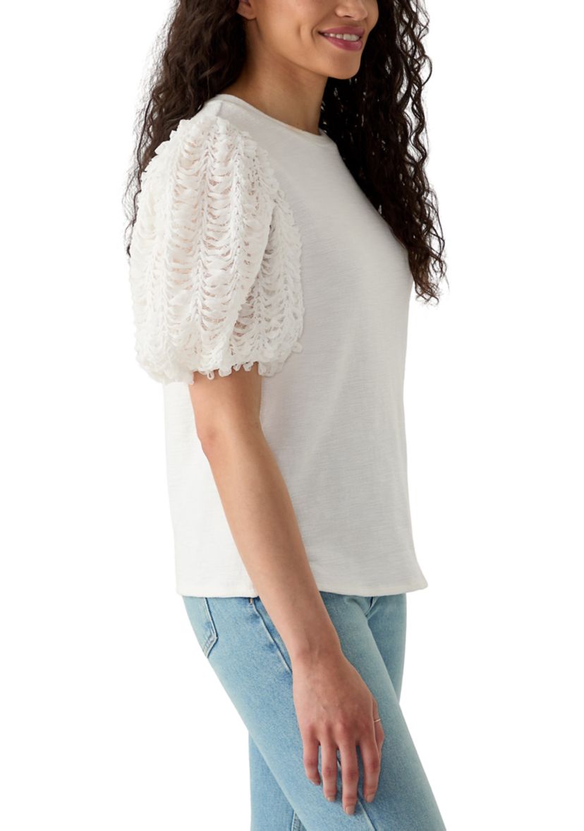 Womens Embellished Mixed Media Top