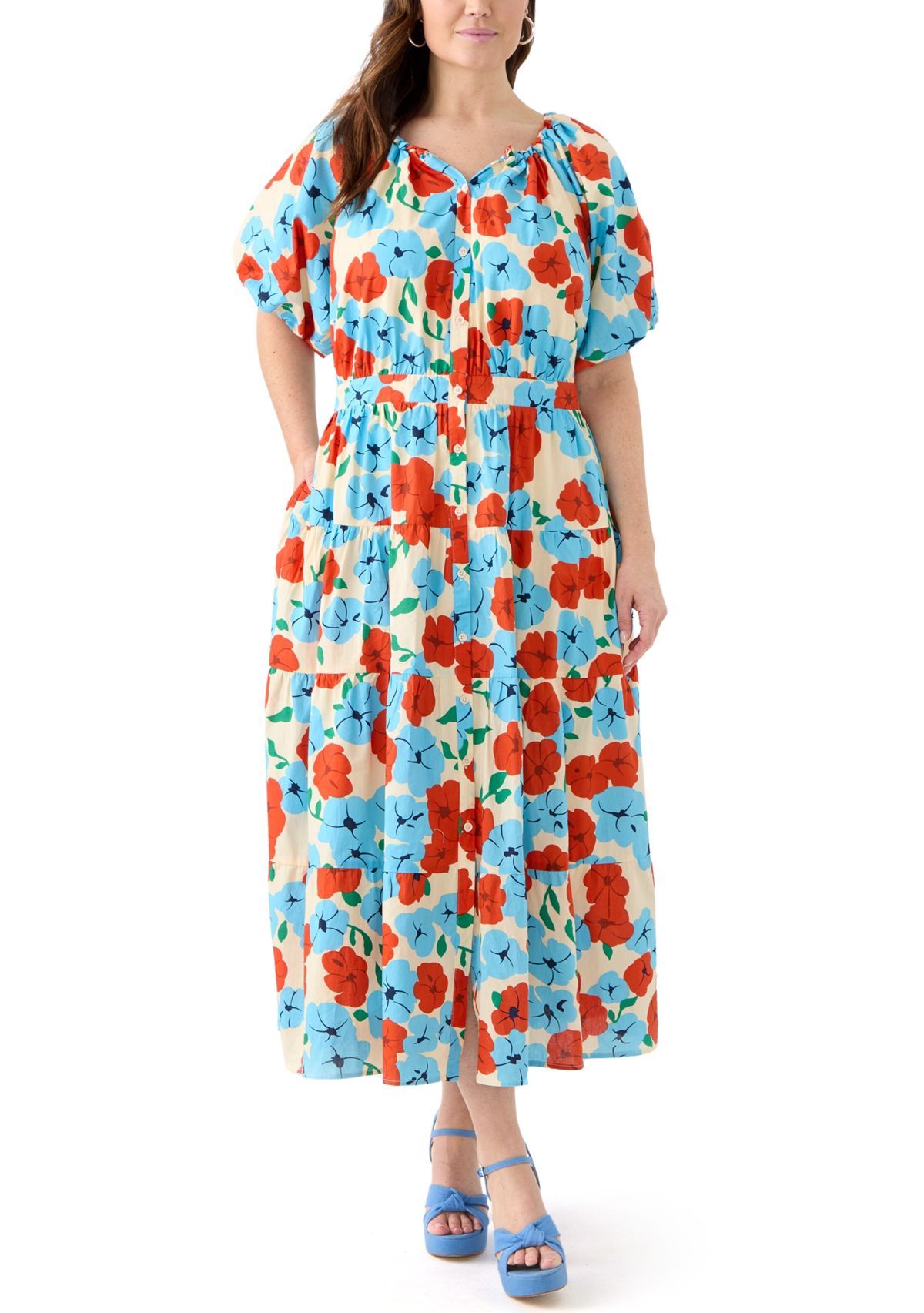Plus Size Button Down Puff Sleeve Maxi Dress