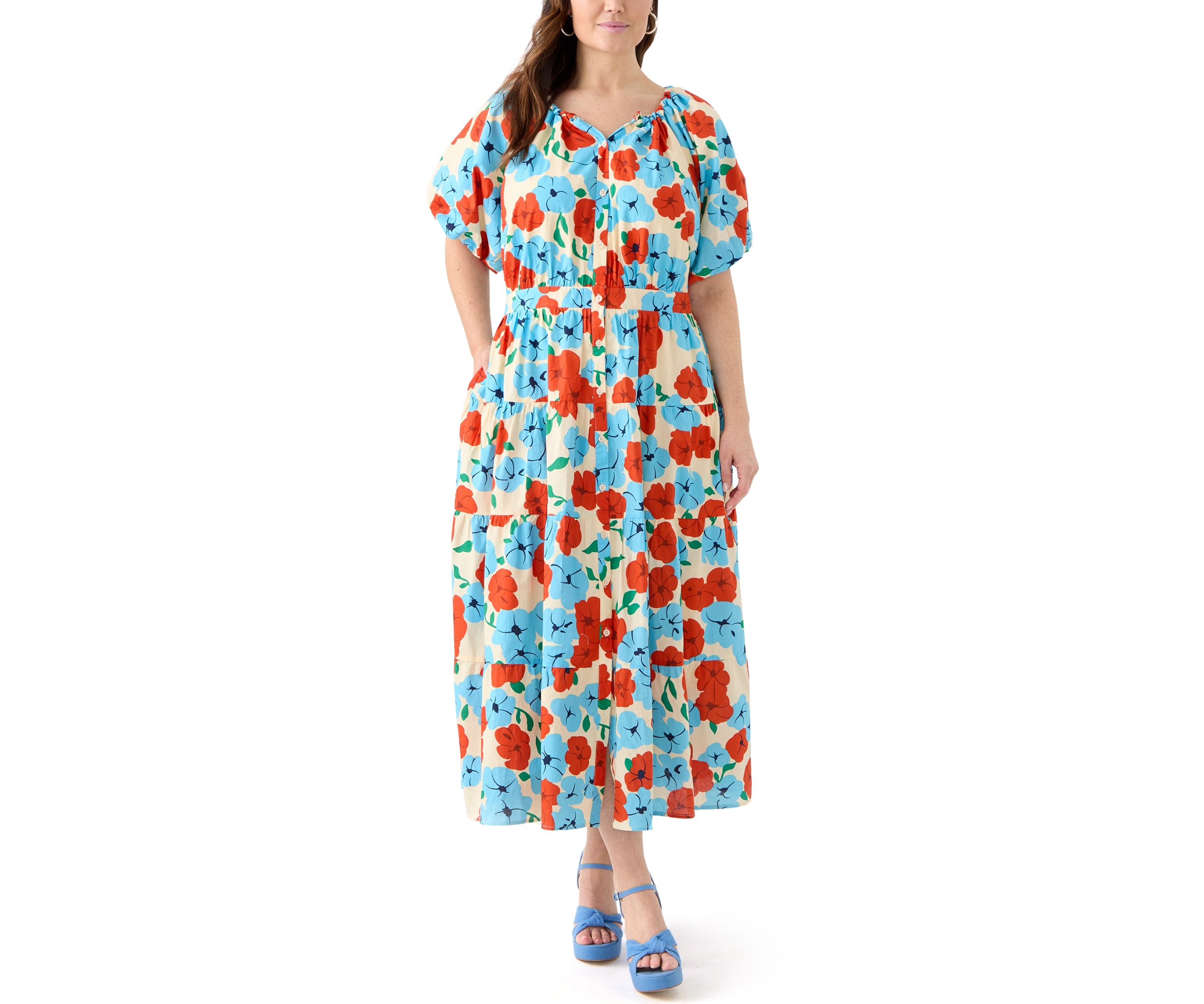 Plus Size Button Down Puff Sleeve Maxi Dress