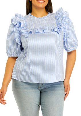 Plus Puff Sleeve Striped Ruffle Top