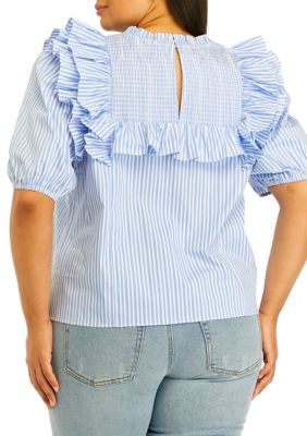 Plus Puff Sleeve Striped Ruffle Top