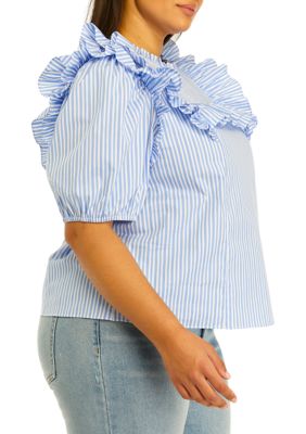 Plus Puff Sleeve Striped Ruffle Top