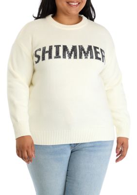 ENGLISH FACTORY Women's Plus Size Holiday Sequins Lettering Sweater, White, 3X