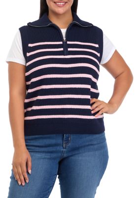 ENGLISH FACTORY Women's Plus Size Striped Half Zip Sleeveless Knit Top, 3X