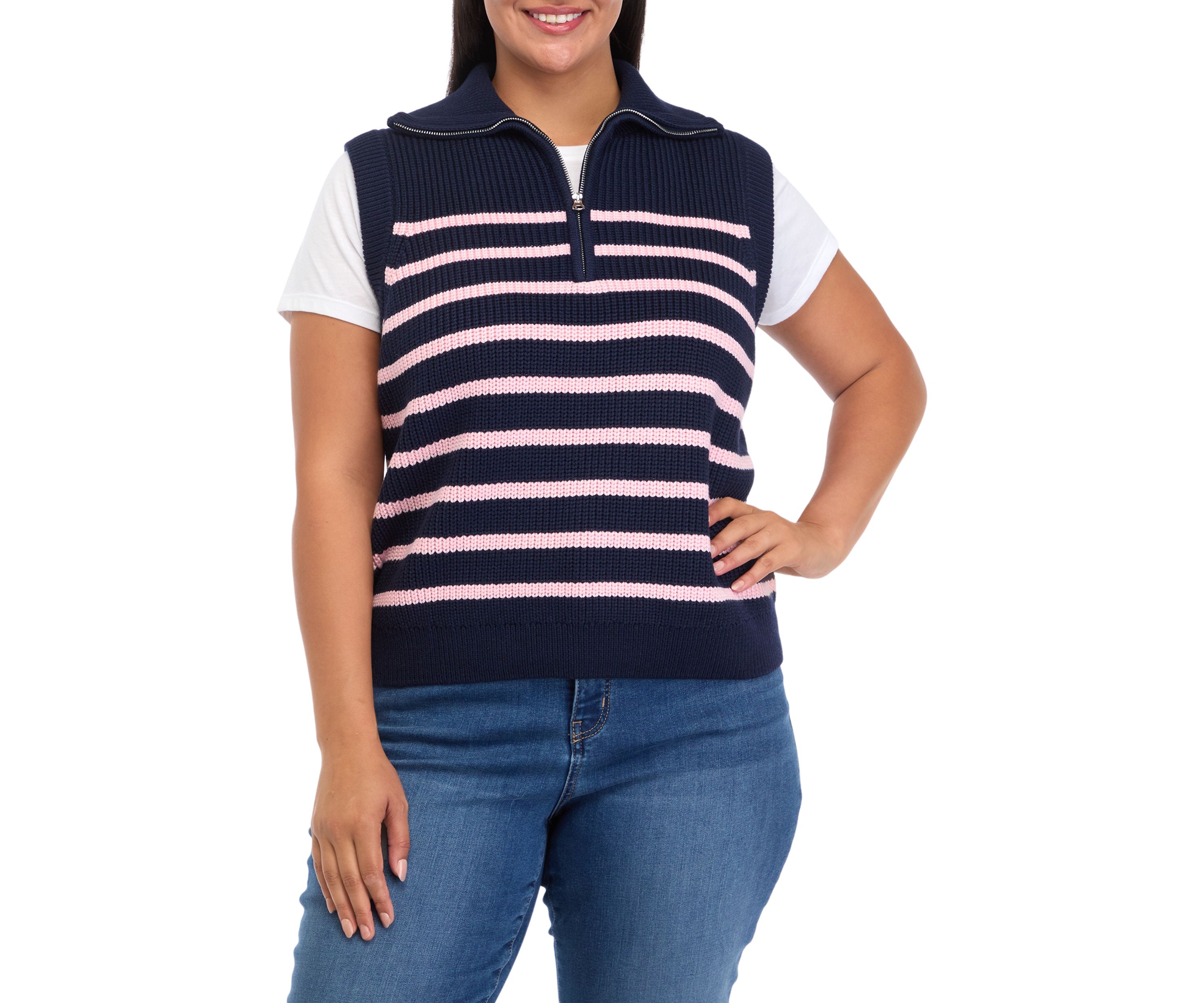 Plus Size Striped Half Zip Sleeveless Knit Top