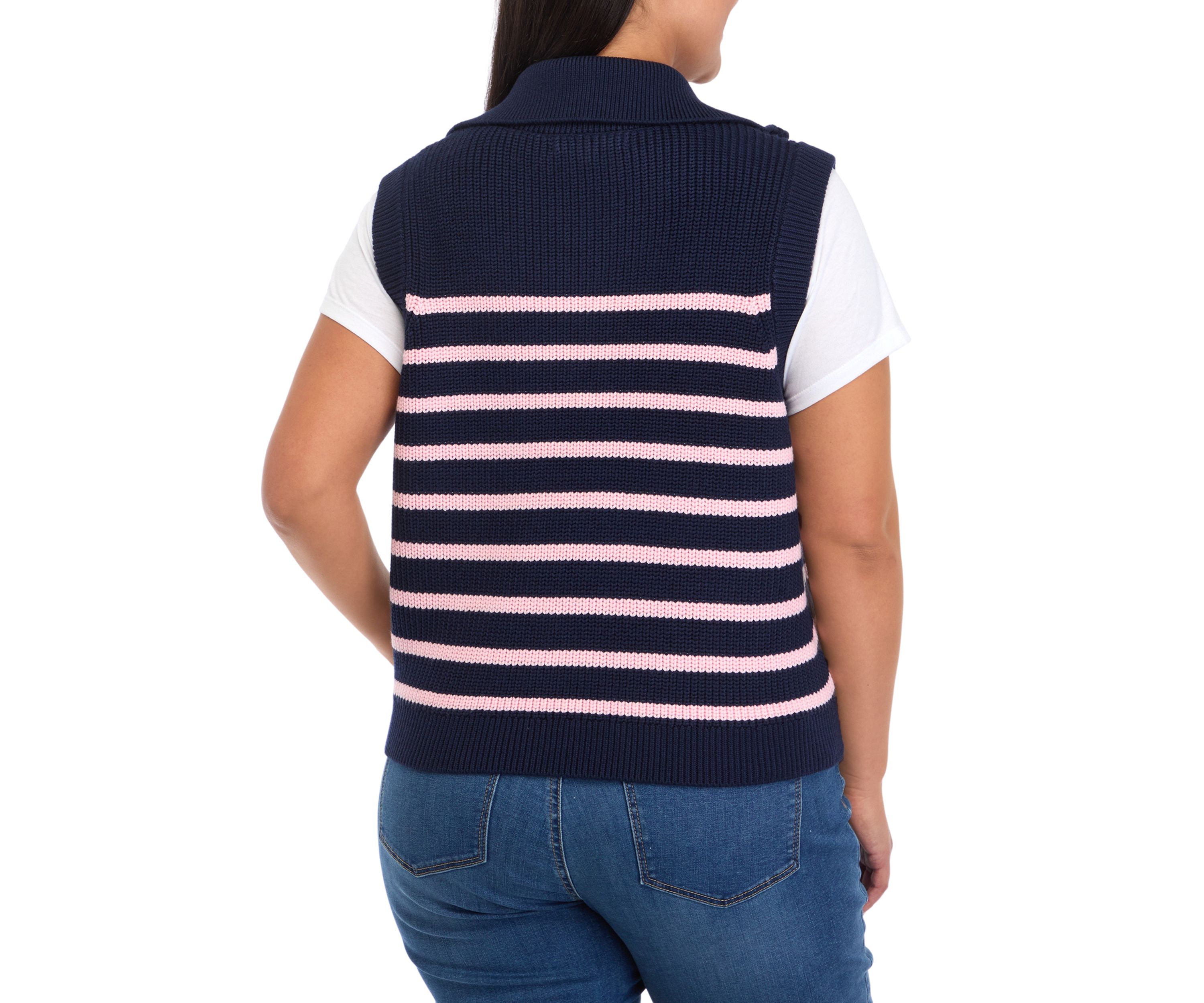 Plus Size Striped Half Zip Sleeveless Knit Top