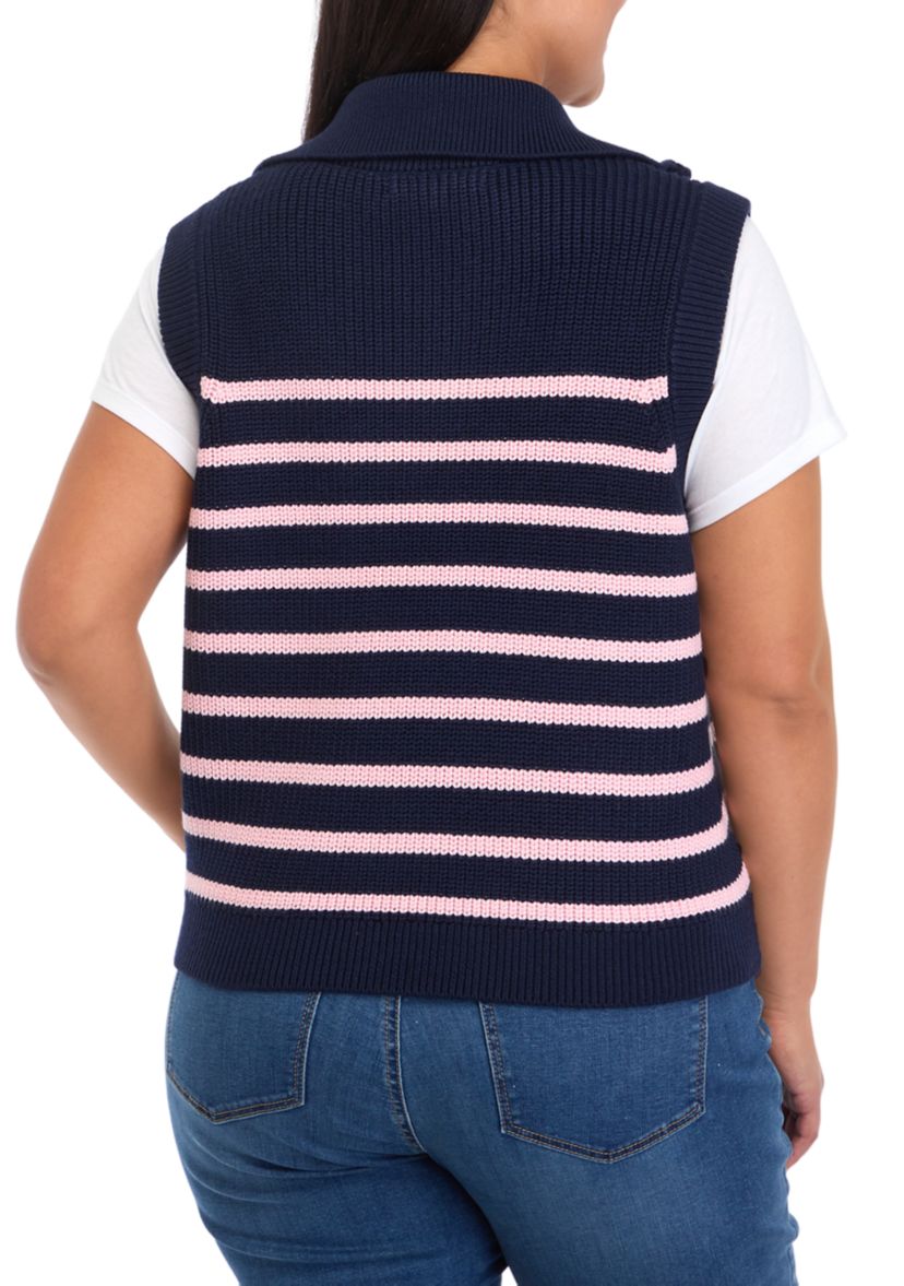 Plus Size Striped Half Zip Sleeveless Knit Top