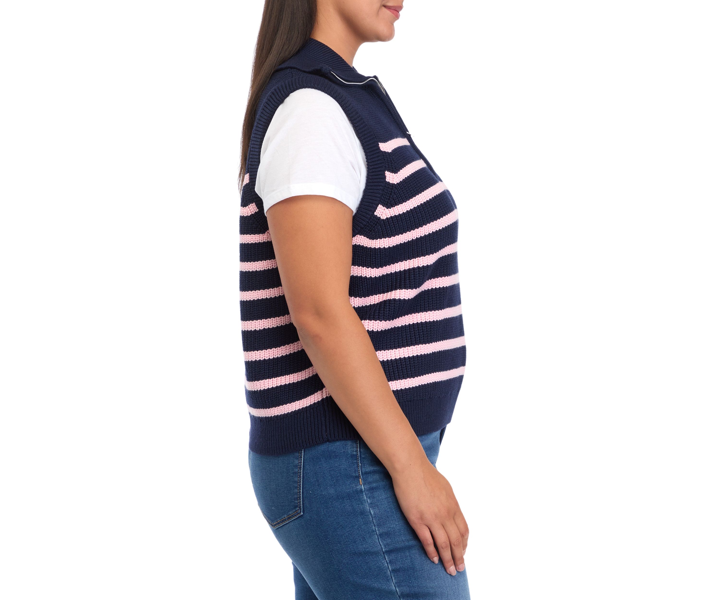 Plus Size Striped Half Zip Sleeveless Knit Top
