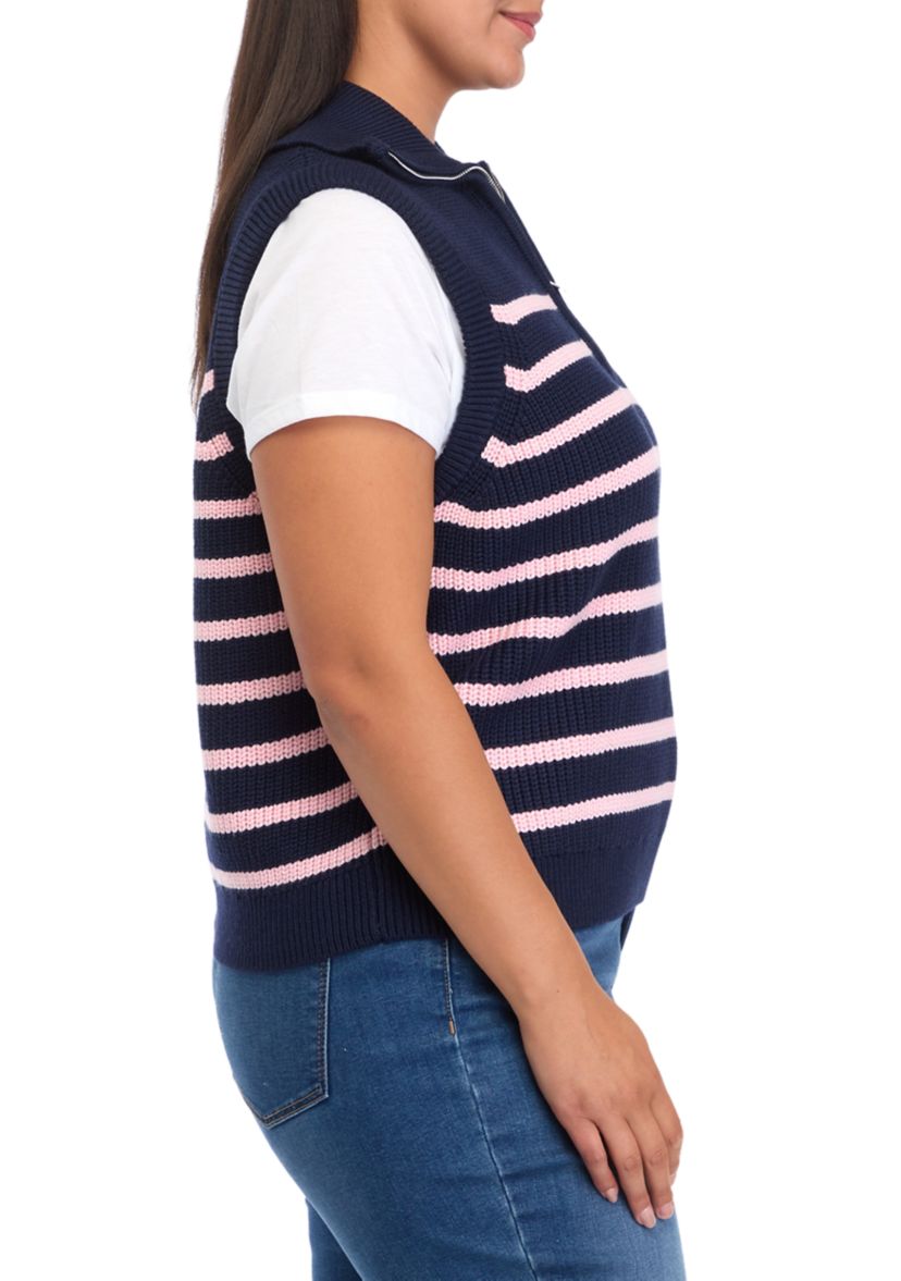Plus Size Striped Half Zip Sleeveless Knit Top