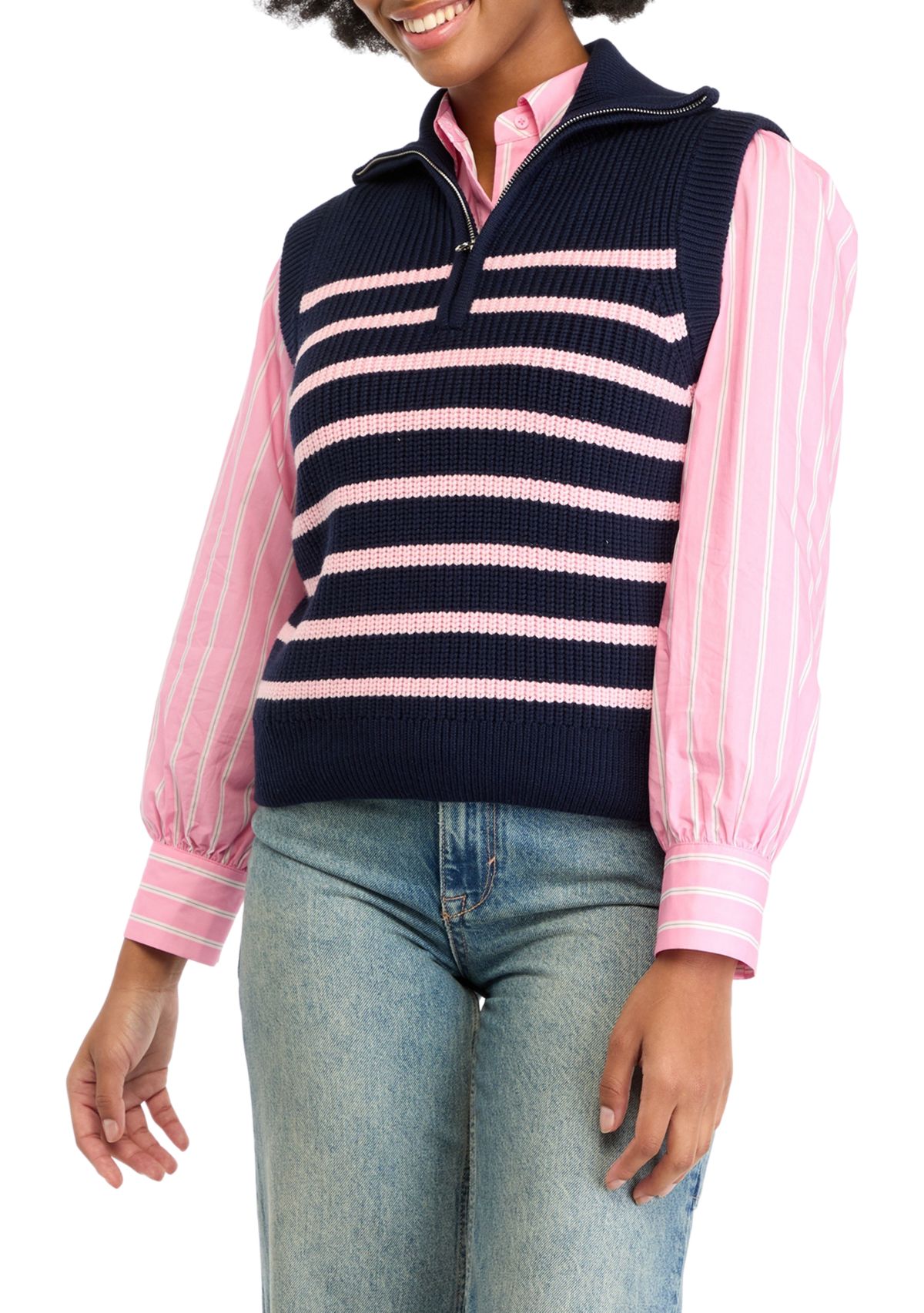 Womens Striped Half Zip Sleeveless Knit Top