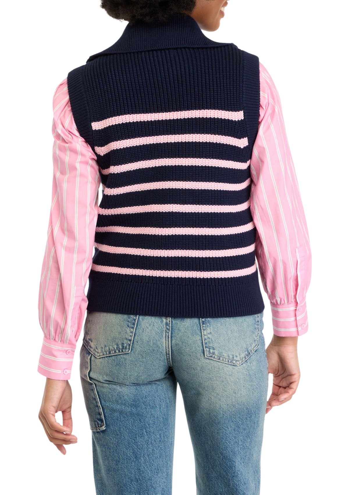 Womens Striped Half Zip Sleeveless Knit Top