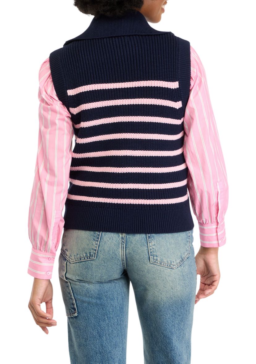 Womens Striped Half Zip Sleeveless Knit Top