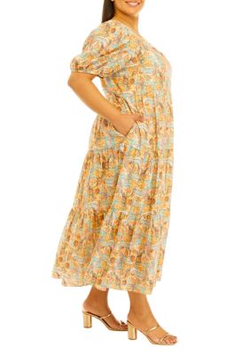 Plus Linen Printed Tie Back Maxi Dress