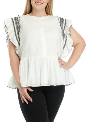 ENGLISH FACTORY Women's Plus Size Smocked Ruffled Top with Scallop Hem