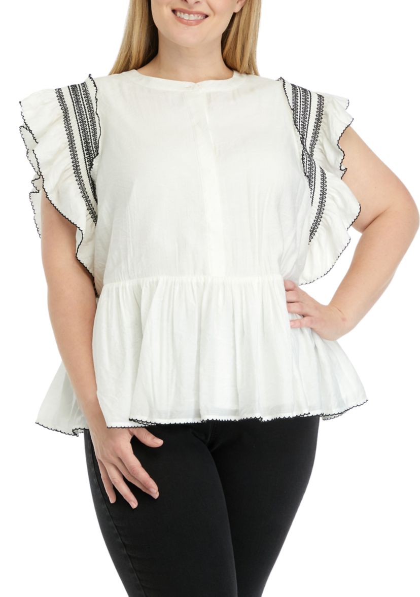 Plus Size Smocked Ruffled Top with Scallop Hem