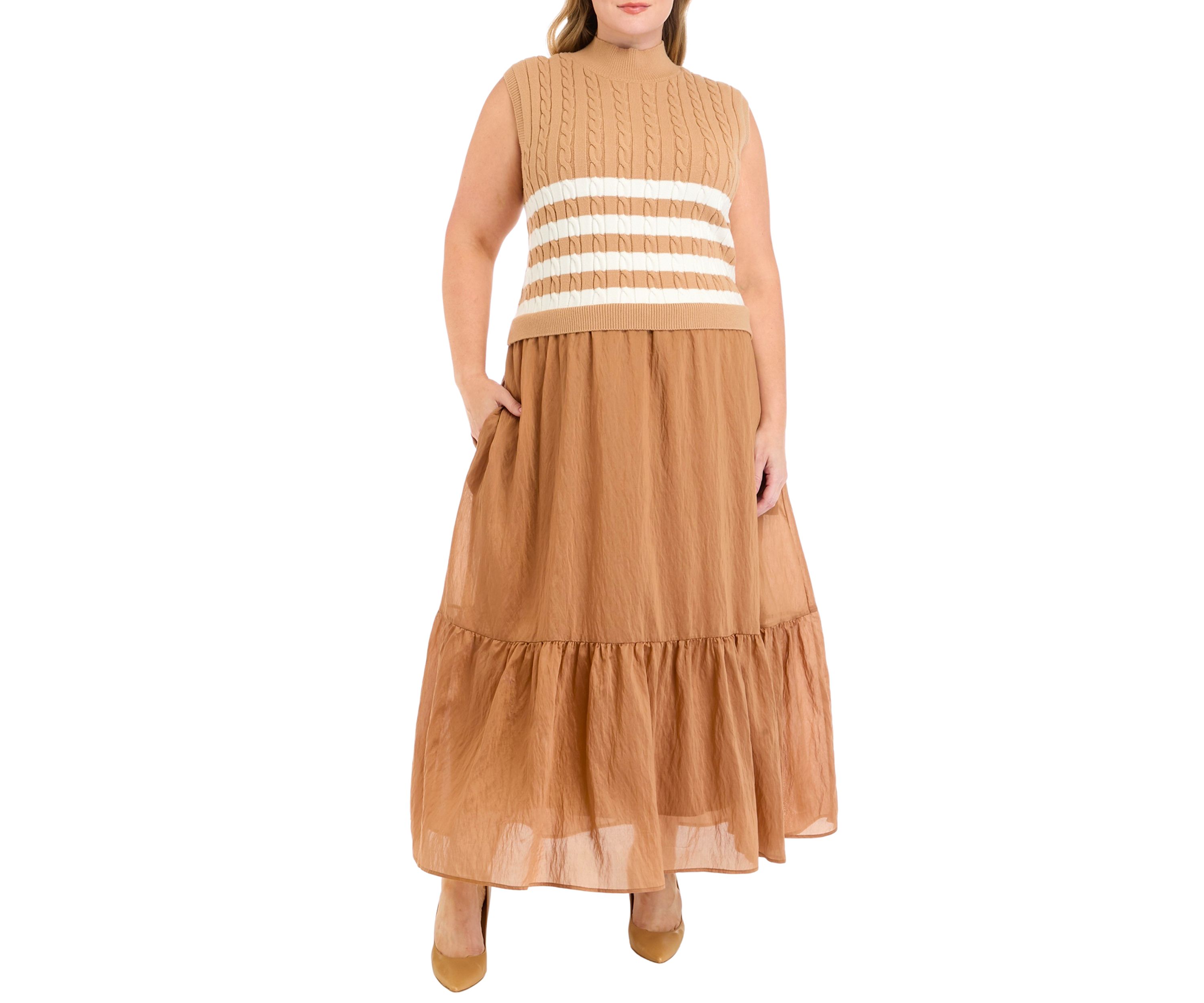 Plus Size Sleeveless Mixed Media Midi Dress