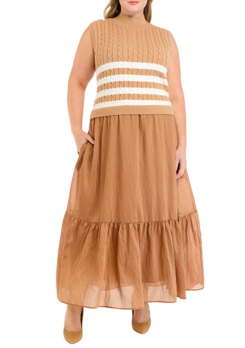 Plus Size Sleeveless Mixed Media Midi Dress