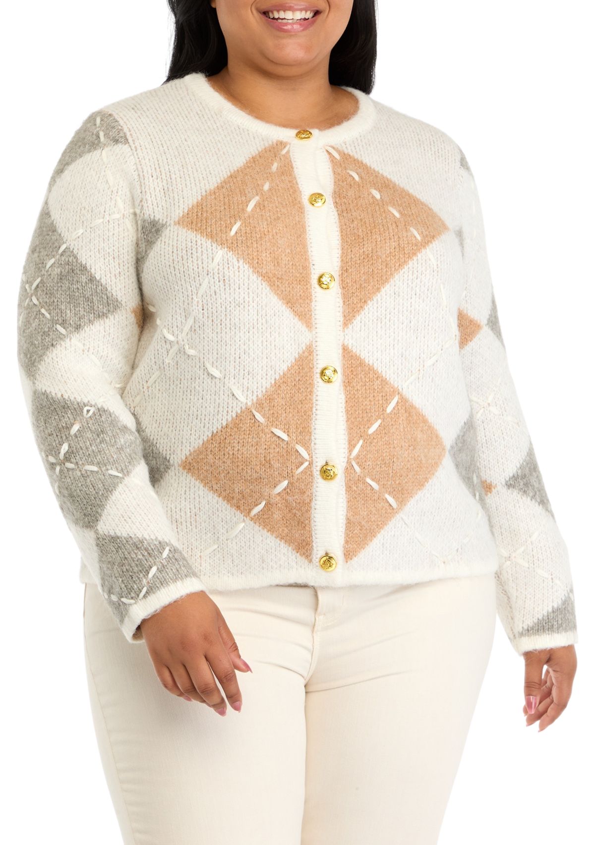 Plus Size Argyle Long Sleeve Cardigan