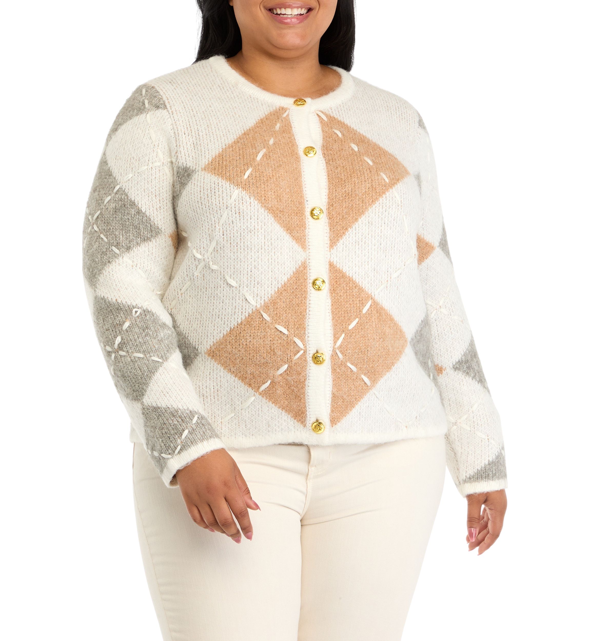 Plus Size Argyle Long Sleeve Cardigan