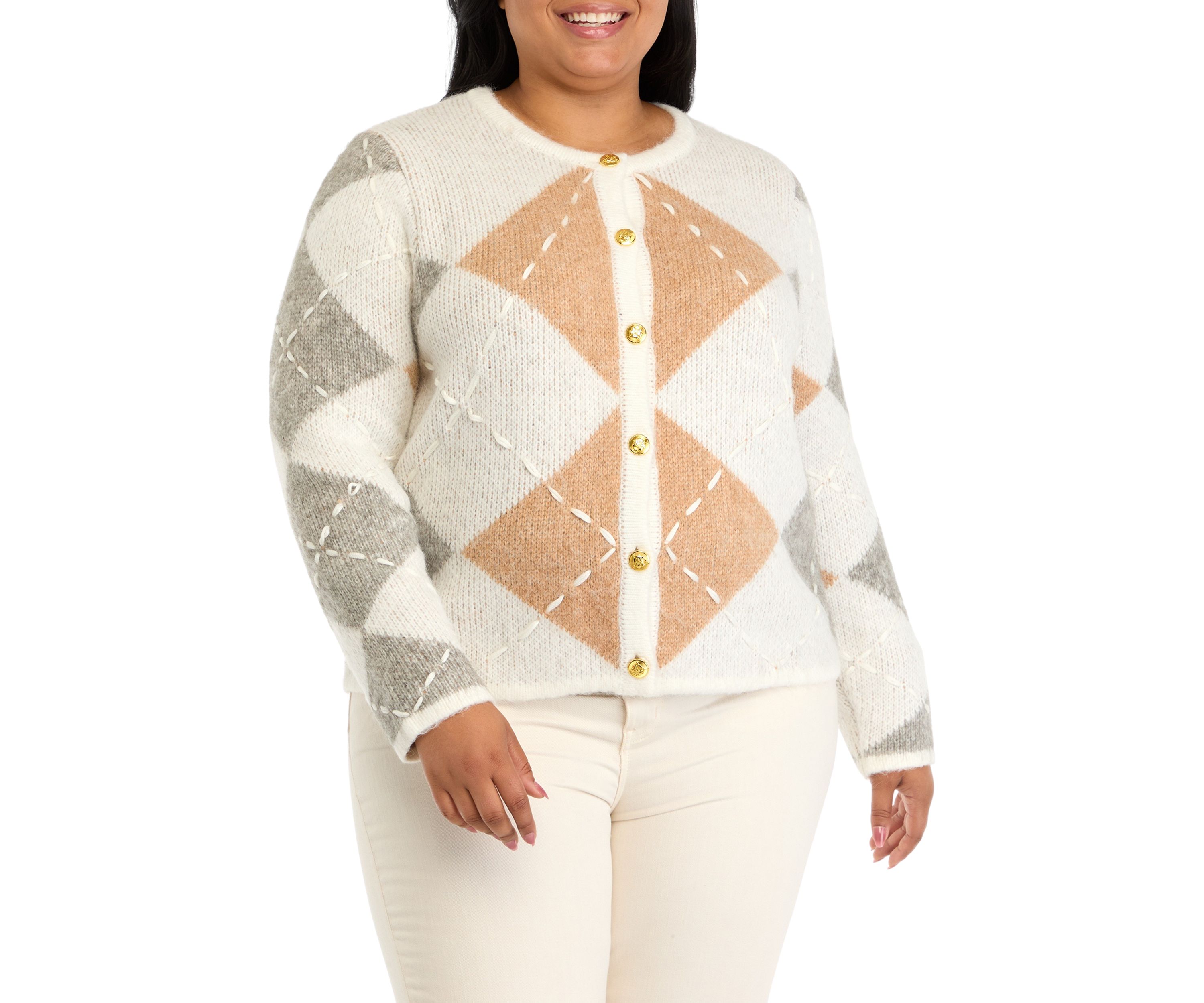 Plus Size Argyle Long Sleeve Cardigan