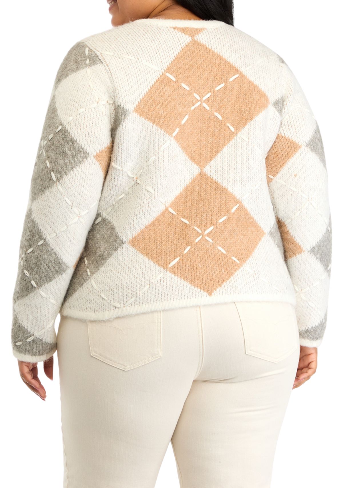 Plus Size Argyle Long Sleeve Cardigan