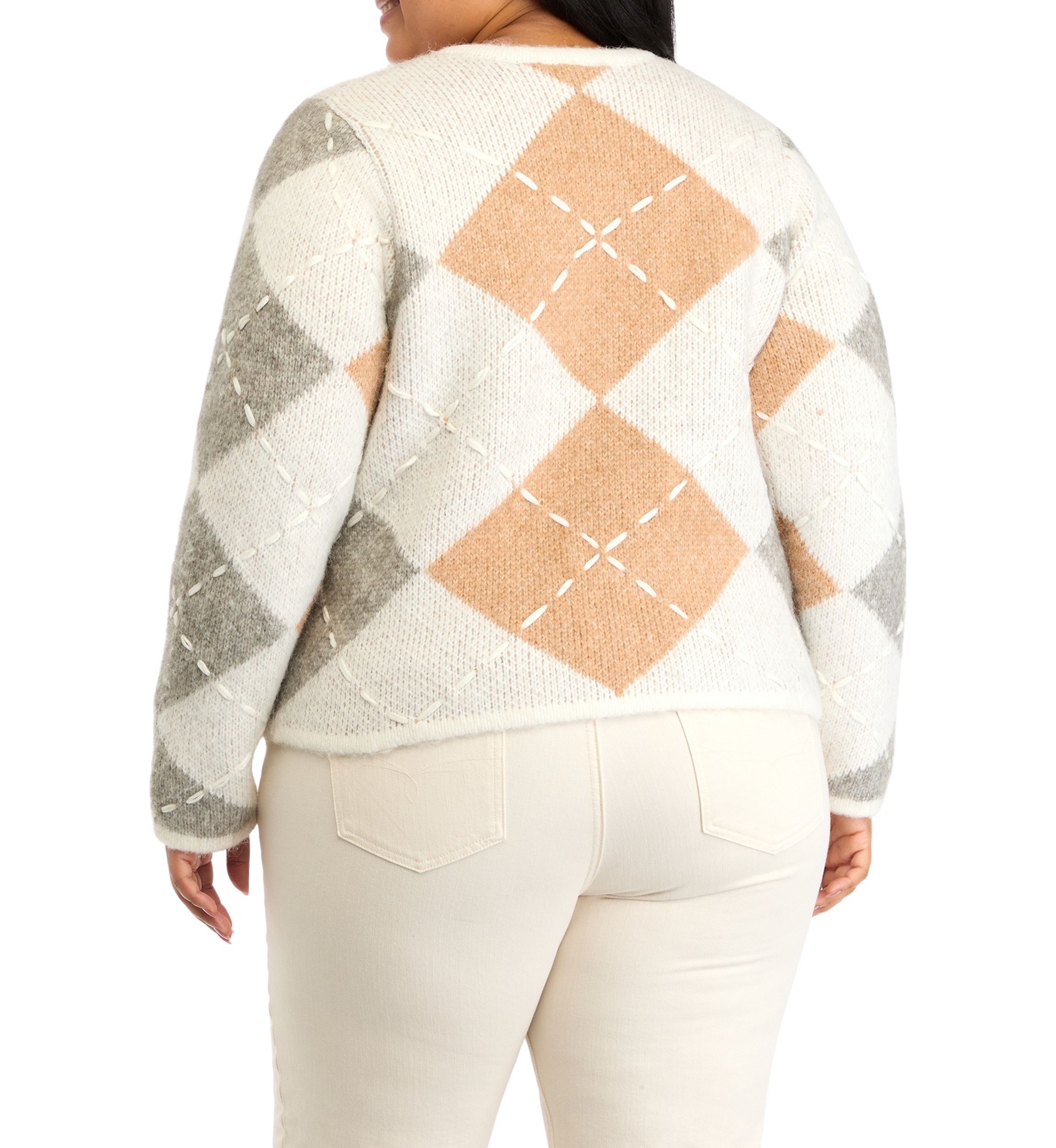 Plus Size Argyle Long Sleeve Cardigan